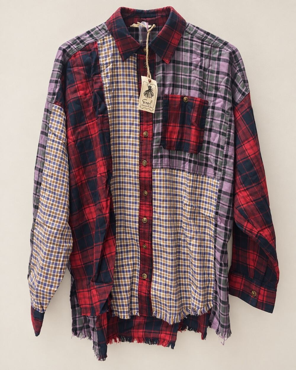 Easel Patchwork Plaid Button Down Shirt S Oversized Raw Hem Boho Grunge